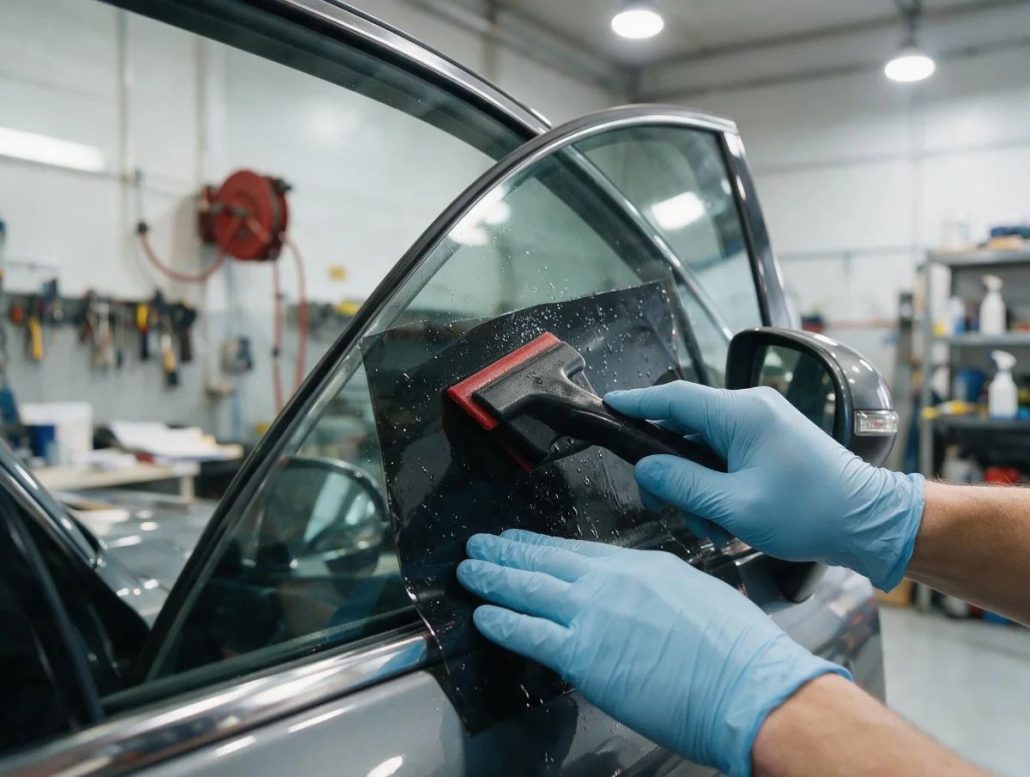 ช่างกำลังติดฟิล์มกรองแสงรถยนต์ในห้องปลอดฝุ่นของ TLH Autoglass