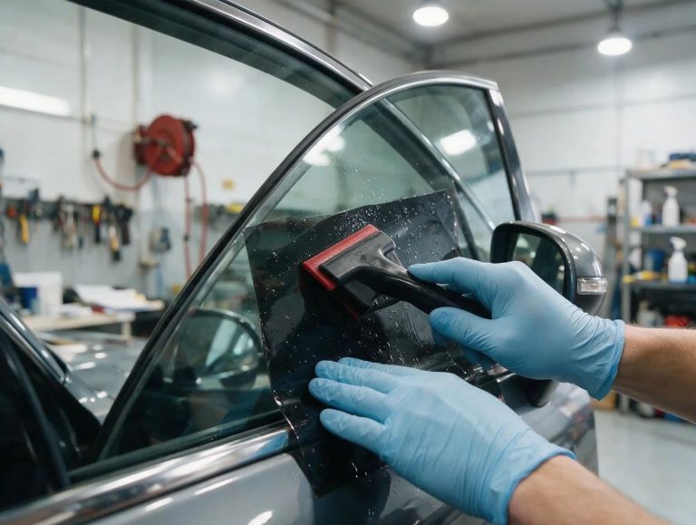 ช่างกำลังติดฟิล์มกรองแสงรถยนต์ในห้องปลอดฝุ่นของ TLH Autoglass